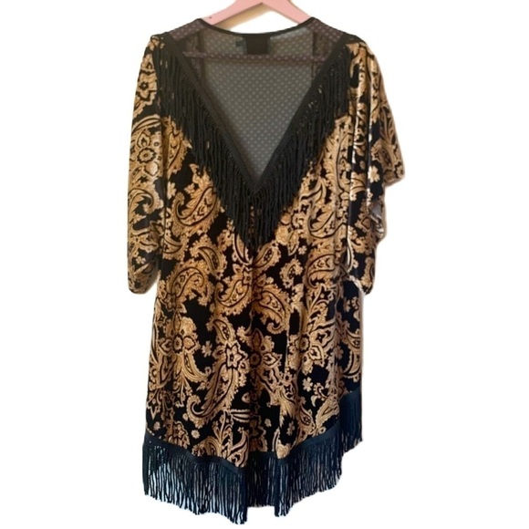 𝅺JUDITH MARCH Velvet Lace Fringe Gold Black Kimono Size Small - Picture 2 of 7
